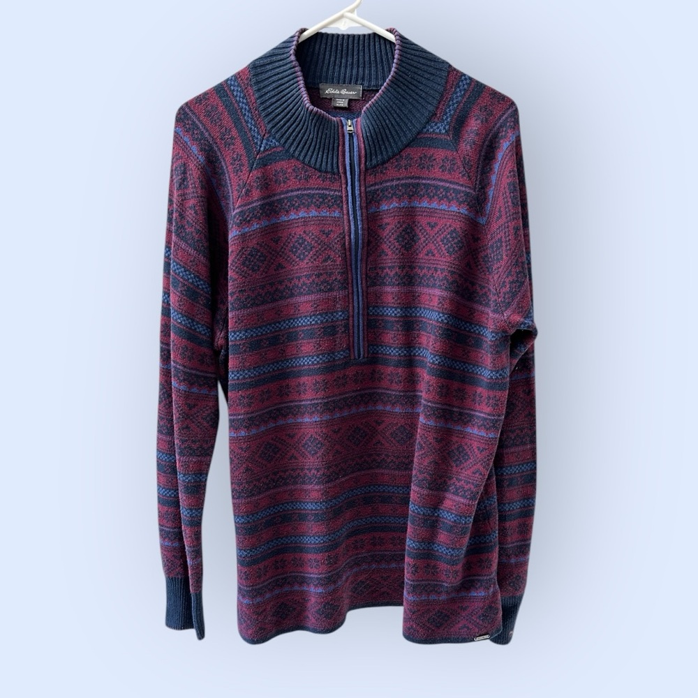Men’s Eddie Bauer Fair Isle Half Zip Navy Maroon Sweater, Size Extra Large Y2K.